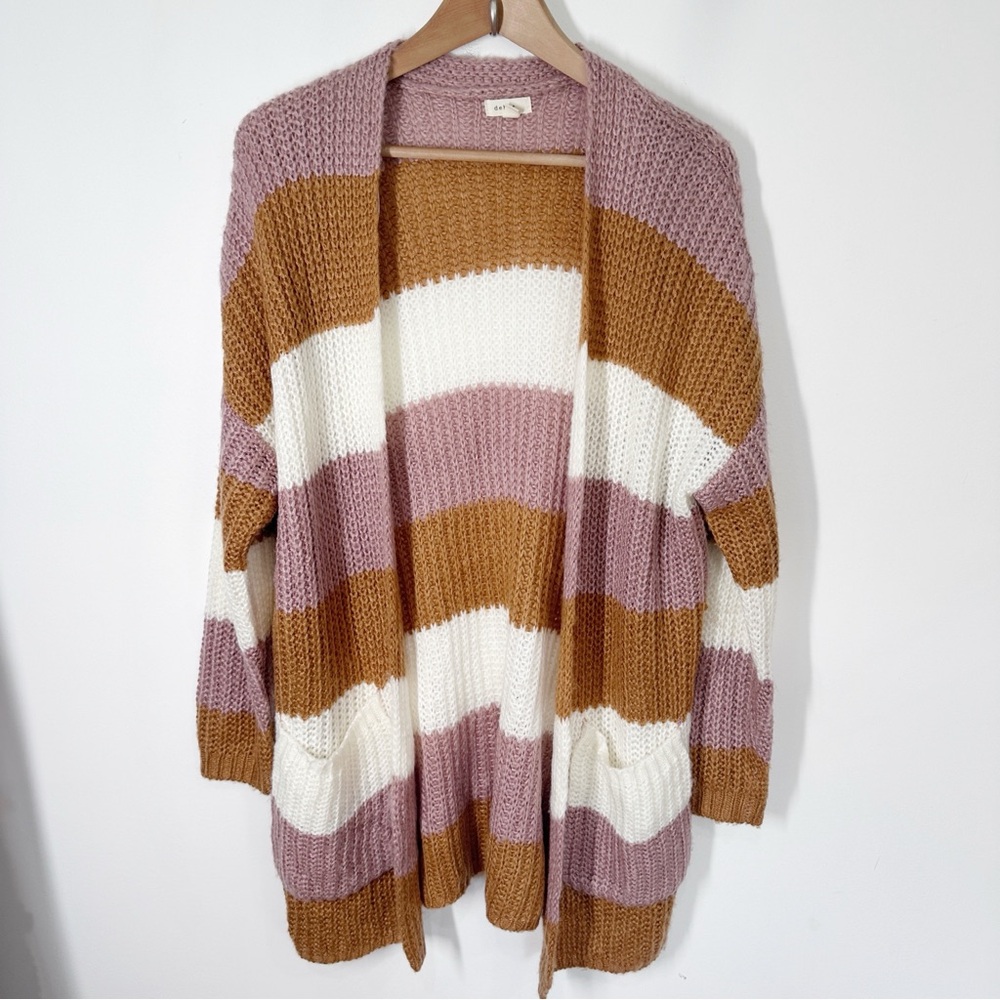 Debut Striped Open Front Long Cardigan Sweater S/M Pink Orange - Picture 1 of 4